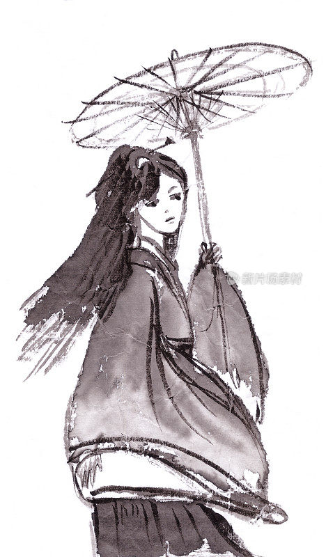 中国古代汉服水墨宣纸上的打纸伞少女。