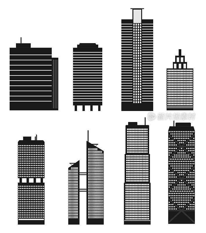 高层写字楼和住宅楼，摩天大楼，共管公寓矢量插图