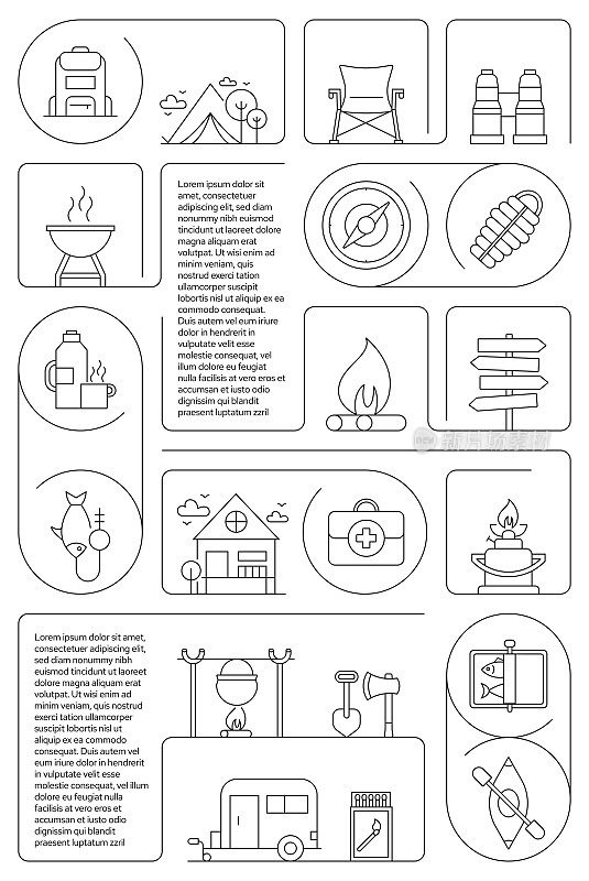 露营和户外相关矢量横幅设计概念，现代线风格与图标