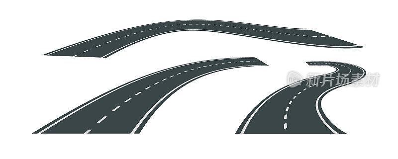 弯曲道路的矢量插图与白色背景上的白色标记隔离。远景中的柏油路。空荡的弯道公路集合。