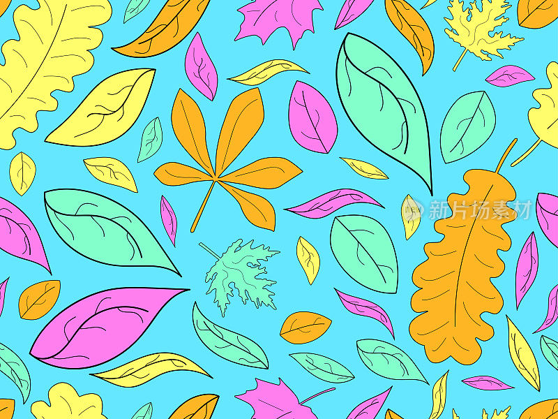 五彩缤纷的树叶与笔画无缝图案。秋天落叶，落叶凋零。橡树和枫。设计包装纸，织物印刷和促销品。矢量图