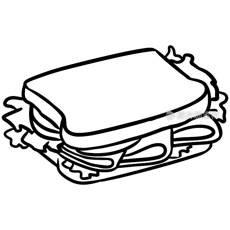 火腿卡通图标三明治。零食轮廓漫画式形象。手工绘制孤立的线条插图的印刷品，设计，卡片。