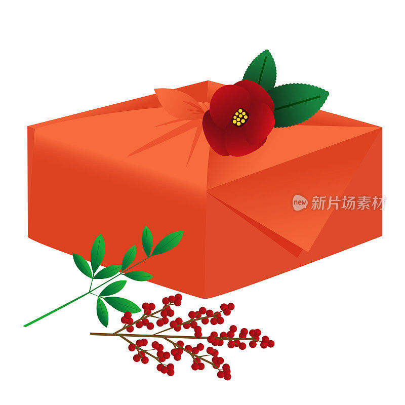 一份年终礼物的插图，包裹在带有纳米藤和山茶花的furroshiki布里。
