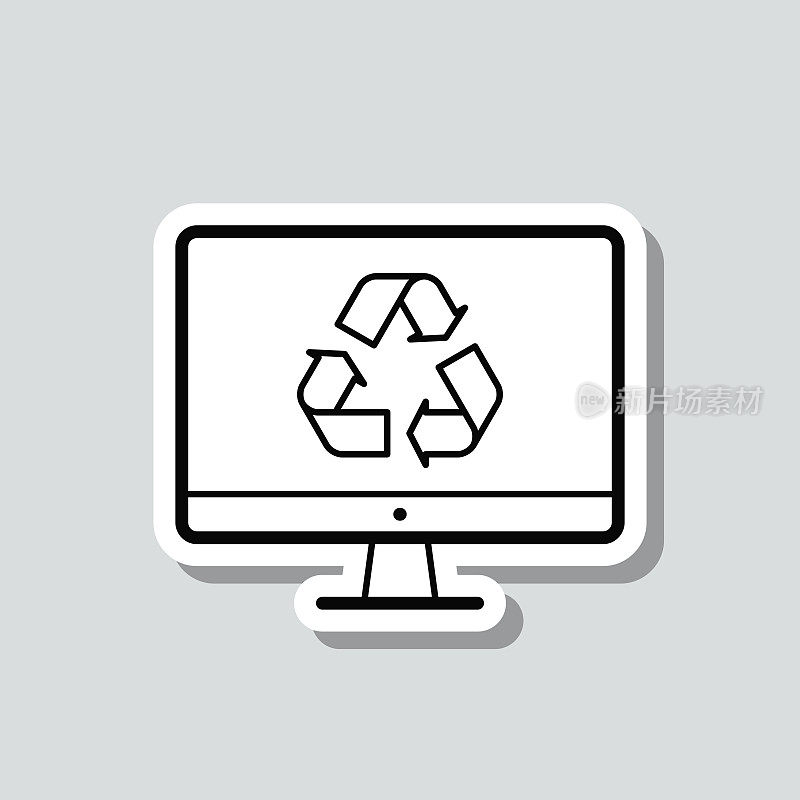 台式电脑与回收符号。图标贴纸在灰色背景