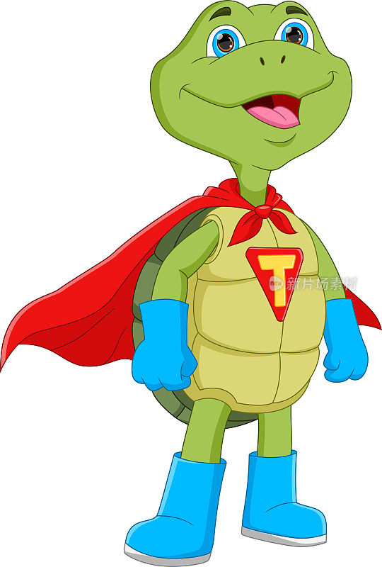 穿着超级英雄服装的卡通可爱乌龟
