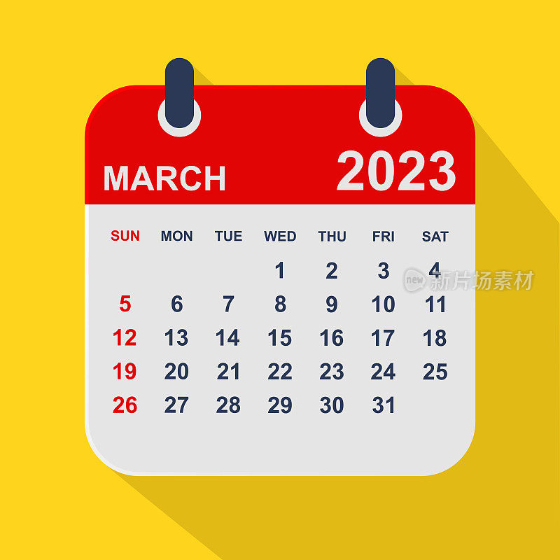 2023年3月月历叶。一周从周日开始。业务矢量图