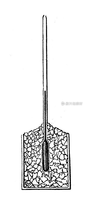 古董插图，物理原理和实验，热量和温度:测量融化的冰的温度