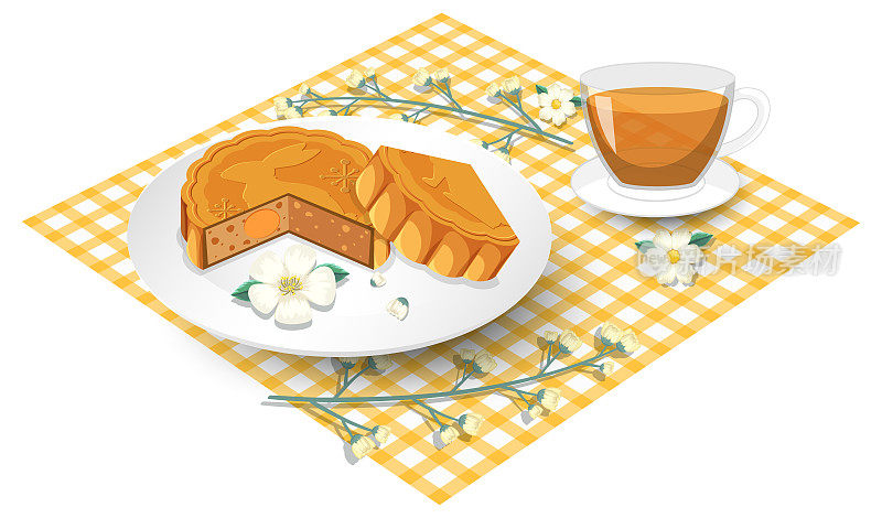 咸蛋黄月饼，桌布上放茶杯