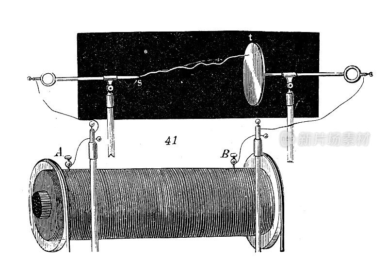 古董插图，物理原理和实验，电磁学:兰可夫感应线圈