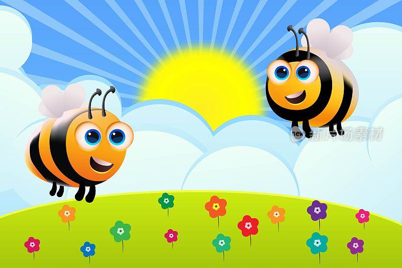 蜜蜂、太阳、花朵、树木和多云的天空在青山卡通艺术