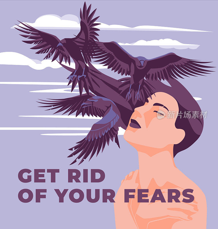 一个年轻女子摆脱了恐惧。飞翔的乌鸦的比喻。心理和精神健康及治疗矢量平面图
