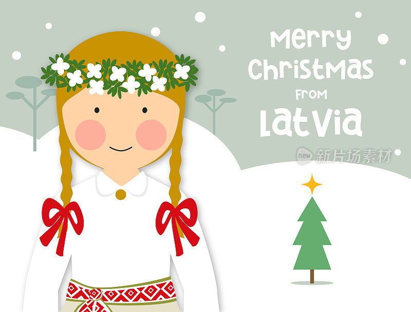 圣诞贺卡传统服装女孩拉脱维亚