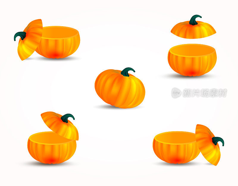 一组切割现实的橙色南瓜孤立在白色背景。用于设计的3D对象。矢量插图。
