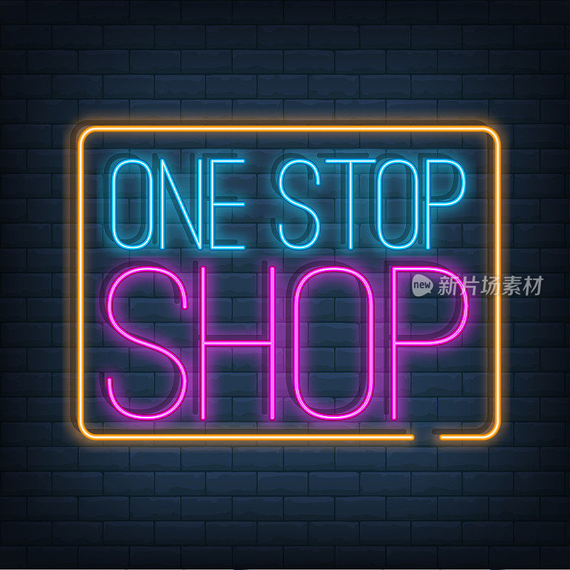 一站式商店的霓虹灯标志矢量在砖墙上。购物设计模板，灯横幅，夜招牌..矢量插图。