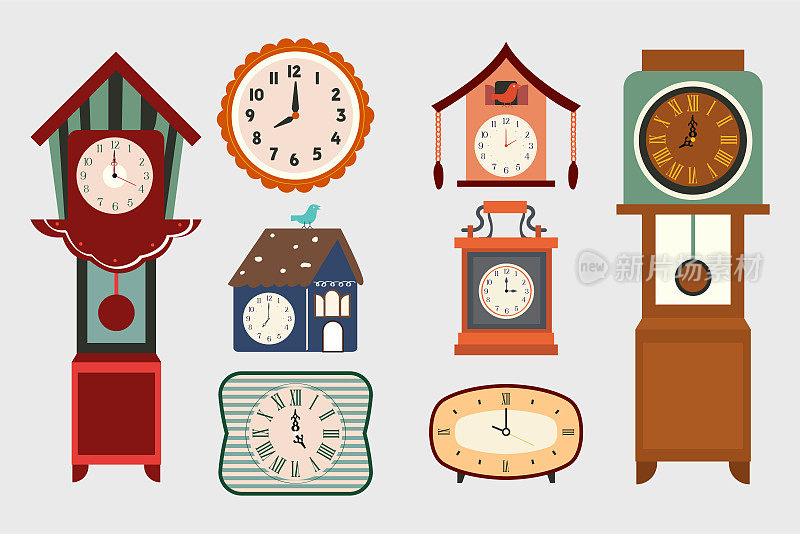 一大套老式钟。矢量插图在白色背景上的旧手表。矢量卡通集图标古董钟。
