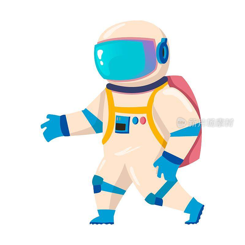 宇航员角色走向未知，探索外太空。太空人的矢量图。卡通宇航员穿着太空服