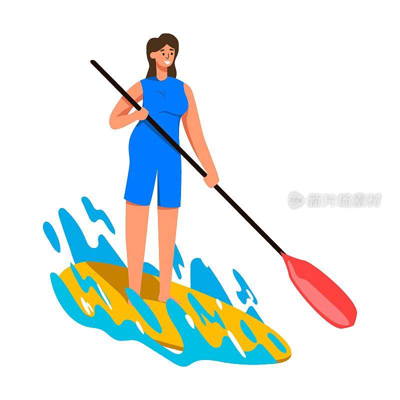 一个女人在冲浪板上拿着桨。水上运动卡通矢量插图。人们在白色的沙滩上冲浪、冲浪、划独木舟