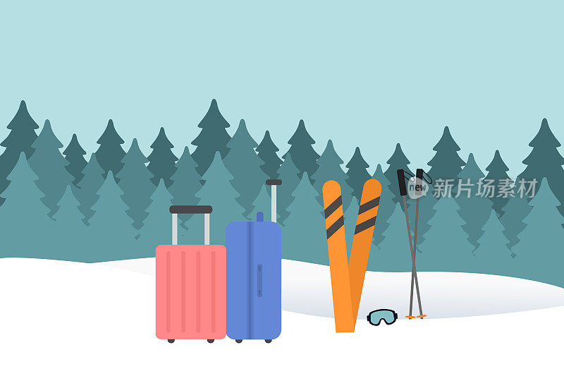 寒假概念与行李和雪景背景滑雪板对