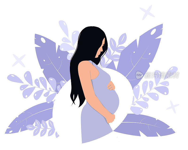 关于怀孕和母性的插图。快乐的孕妇抱着她的肚子。装饰漂亮的树叶。