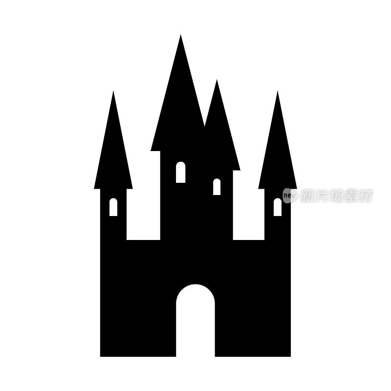 城堡图标。黑色的轮廓。前视图。矢量简单的平面图形插图。白色背景上的孤立物体。隔离。