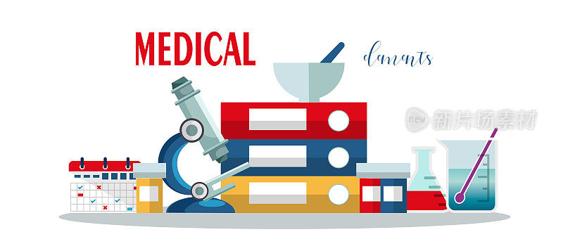 扁平风格的医学和保健概念。医疗用品和药品在孤立的白色背景。