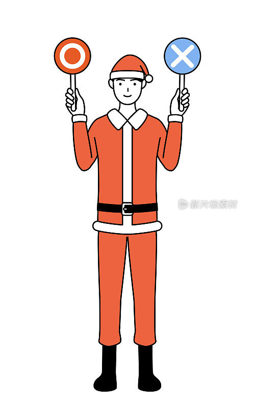 简单的线描插图，一个男人打扮成圣诞老人拿着一根棍子指示正确和错误的答案。