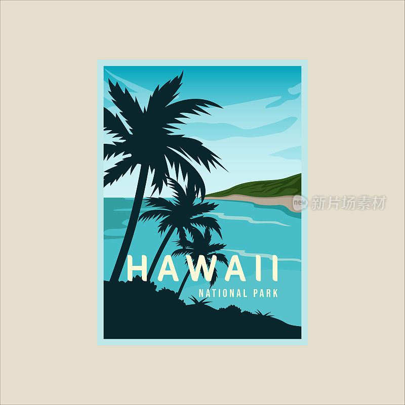 夏威夷海滩海报矢量插图模板平面设计。天堂岛标志或横幅为旅游商业或冒险休闲的概念