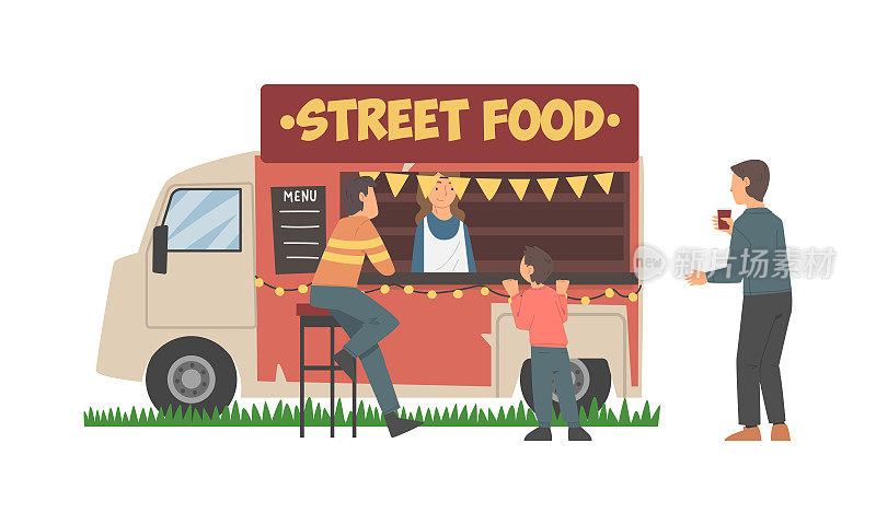 卖快餐的餐车或货车。街头美食节汽车，城市公园的轮子上的咖啡馆卡通矢量插画