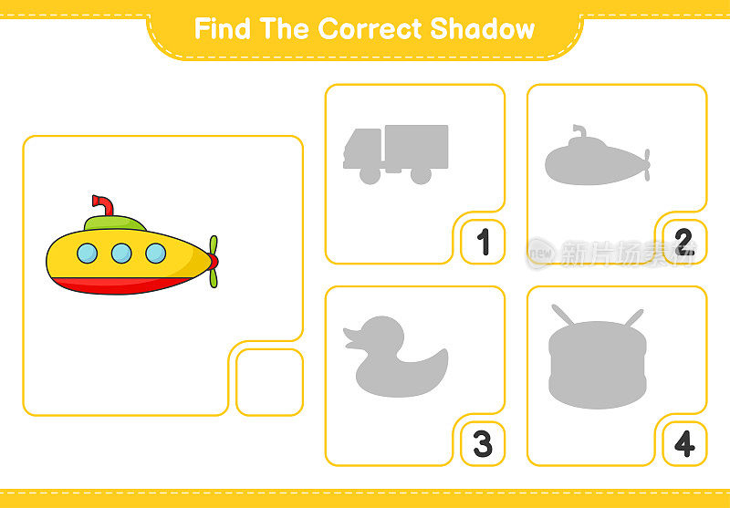 找到正确的阴影。找到并匹配潜艇的正确阴影。教育儿童游戏，可打印的工作表，矢量插图