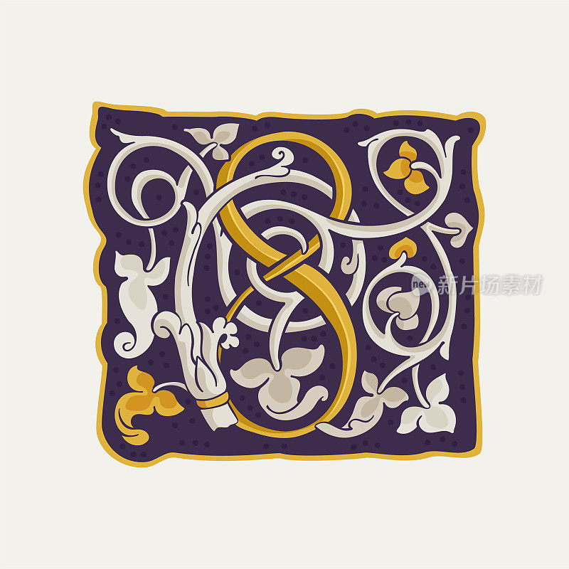 8的标志。8号滴帽，中世纪首字母，金色纹理和白色藤蔓。文艺复兴书法会徽。