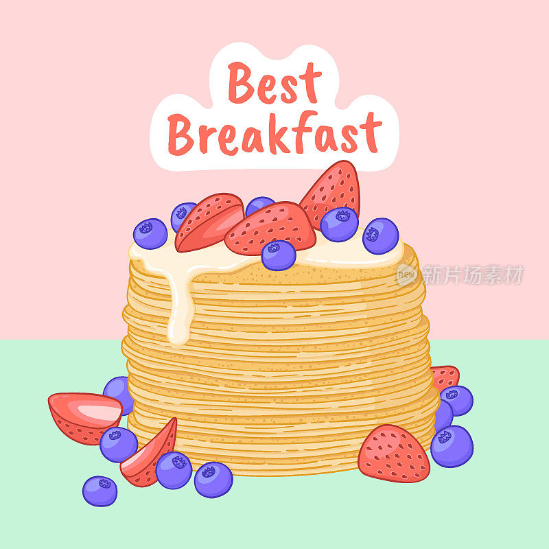 煎饼早餐矢量插图。早餐海报。蓝莓草莓煎饼。