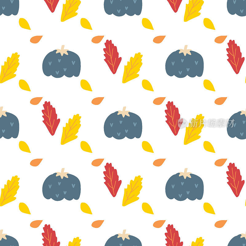 南瓜矢量图案。秋日农家乐天衣无缝的背景。感恩节蓝色南瓜，有红色、橙色、黄色的叶子