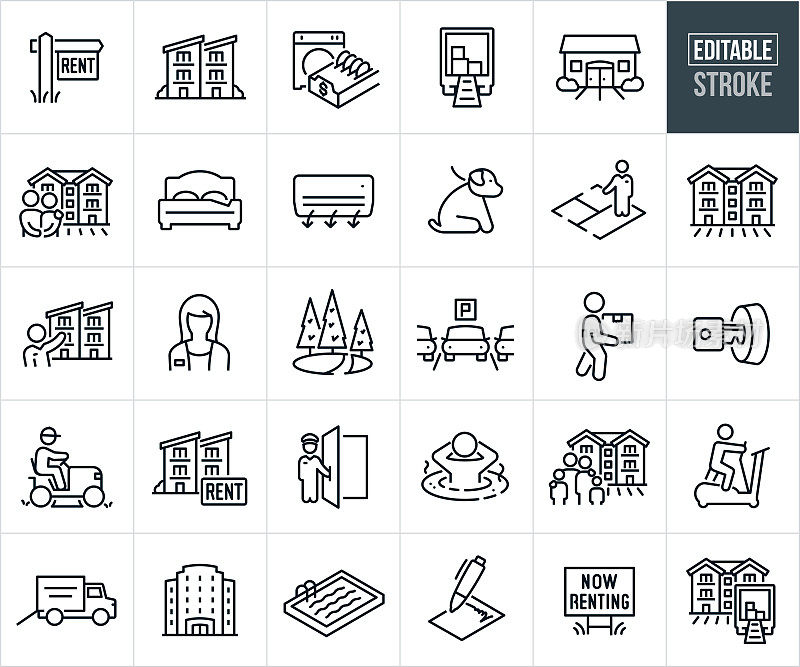 公寓租赁细线图标-可编辑的笔画