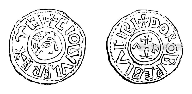 中世纪盎格鲁-撒克逊银便士的Ceolwulf国王麦西亚-古董雕刻插图