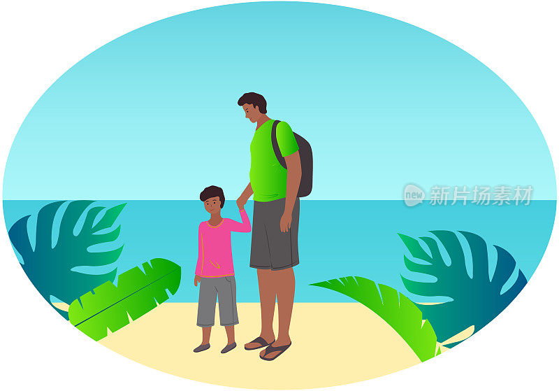 一家人一起散步。父子休闲活动。父母和孩子，在户外海滩旅行