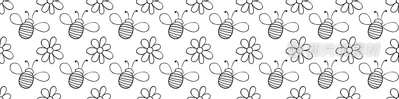矢量无缝模式轮廓胖小蜜蜂和花朵的涂鸦风格。可爱的卡通蜂蜜昆虫在林间空地。背景和纹理上的主题自然，春天，夏天，儿童印刷