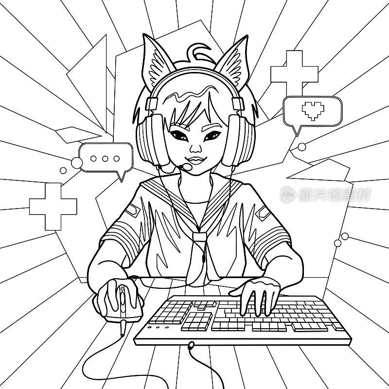 亚洲女孩游戏玩家或带猫耳朵耳机坐在电脑前