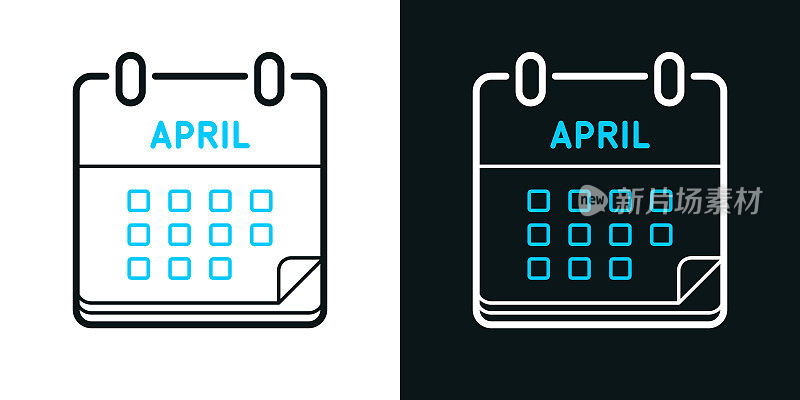 4月日历。黑色或白色背景上的双色线图标-可编辑的笔画