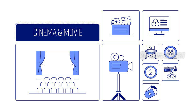 电影和电影院相关的设计与线图标。简单轮廓符号图标。