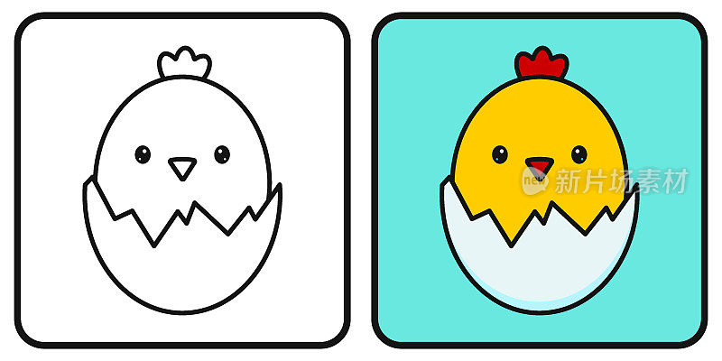儿童涂色书。着色页面。一只小鸡从蛋壳里探出头来。一只刚出生的小鸡。矢量图