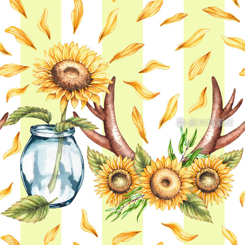水彩向日葵图案与角，向日葵花束，玻璃花瓶上的条纹背景