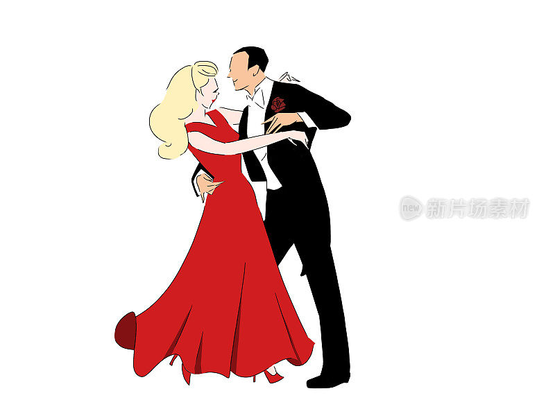 一个女人和一个穿着带花燕尾服的男人跳舞