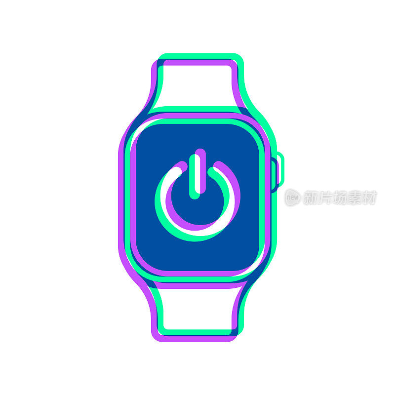 带电源按钮的智能手表。图标与两种颜色叠加在白色背景上