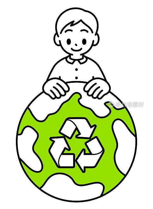 一个拥抱地球的男孩，极简风格，黑白轮廓，拯救地球，可持续发展，环保的理念