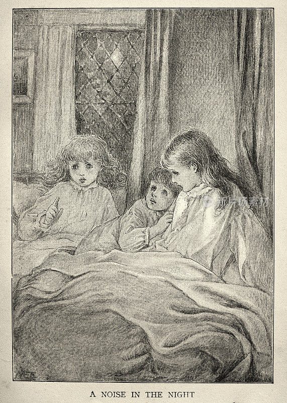 19世纪维多利亚时代，孩子们躺在床上被夜里的声音吓着
