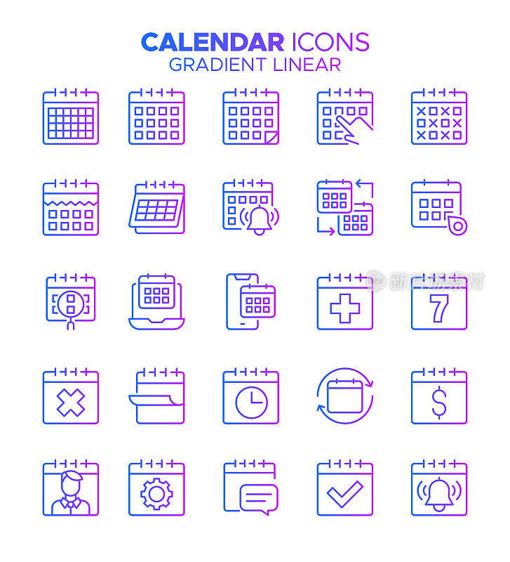 日历-梯度细线矢量图标集-日历日期，约会，时间，规划，事件，提醒