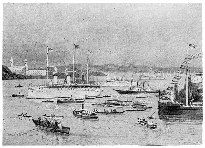 来自英国杂志的古董图片:德国皇帝访问巴勒斯坦，皇家游艇“霍亨索伦”号进入博斯普鲁斯海峡