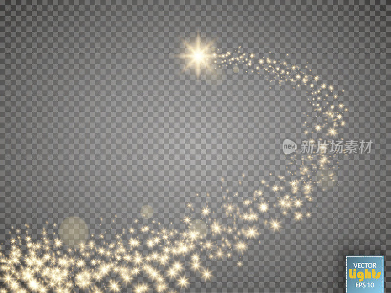 金光闪闪的星尘在透明的背景上拖着闪闪发光的粒子