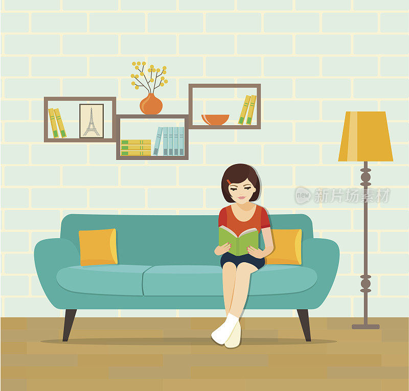 女孩在沙发上放松，在家看书。矢量平面插图