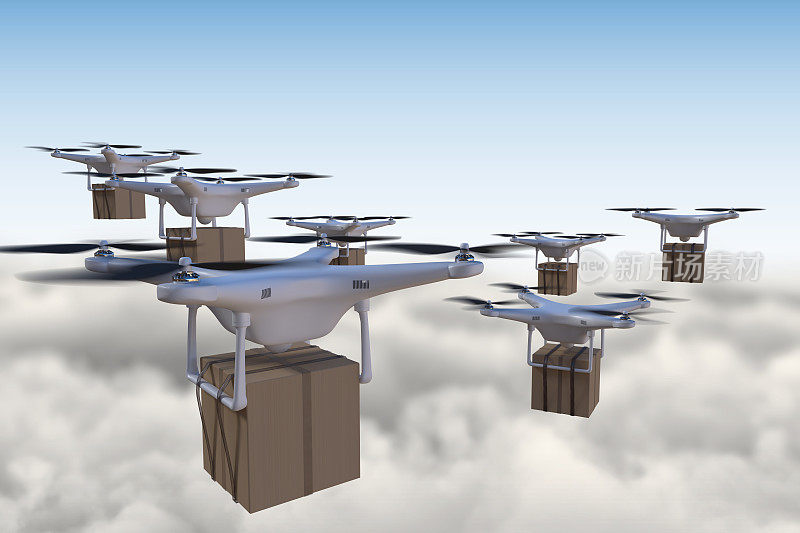 3D渲染插图的许多无人机飞行在云端和递送包裹。